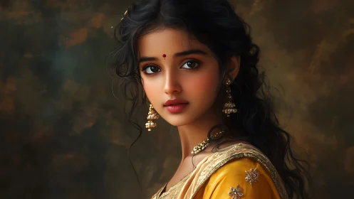 Elegant Indian Woman in Traditional Attire, Digital Art Portrait.