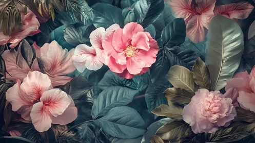 Velvet hibiscus dreamscape wrapped in teal jungle leaves.