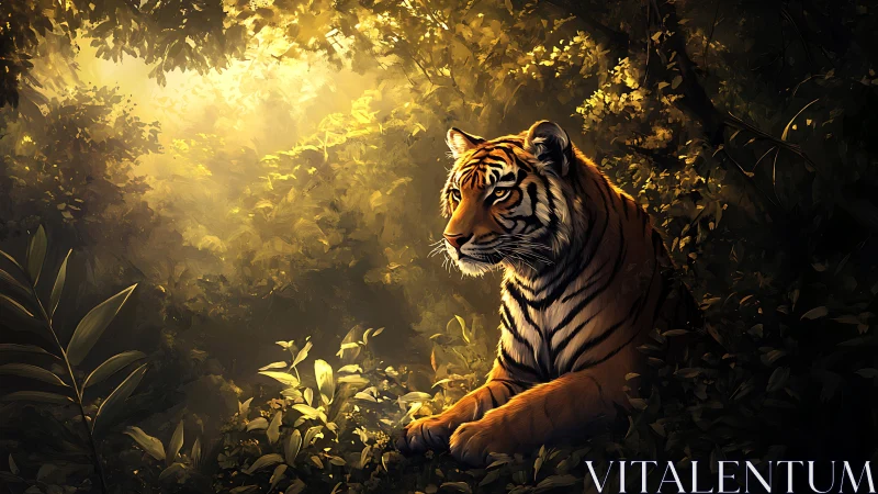 Gentle tiger resting in golden jungle light, calm and watchful.