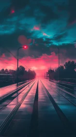 Tram tracks extend toward distant horizon under neon sky