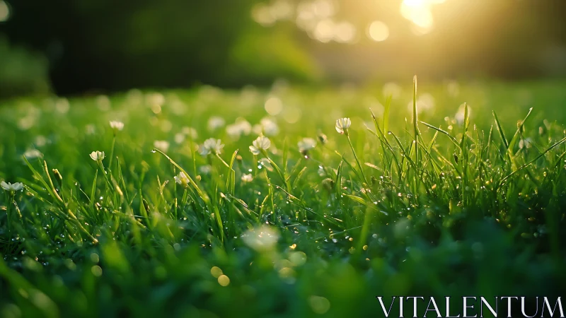 Backlit dewy grass macro at sunrise with shallow depth of field.