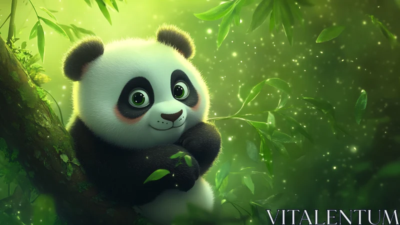 Soft-lit stylized panda cub rendered with high-depth 3D foliage