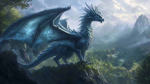 Iridescent blue dragon dominates misty valley from rocky outcrop