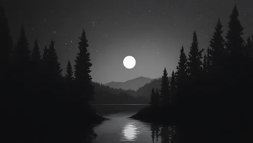 Monochrome moonlit forest lake with distant mountain ridge.