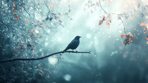 Solitary Bird on Frosted Branch in Winter Light
