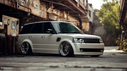 Lowered white SUV rests in abandoned industrial courtyard