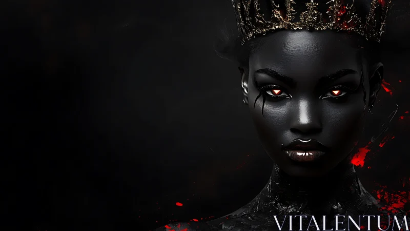 Midnight crown and ember eyes in a fiercely calm portrait.