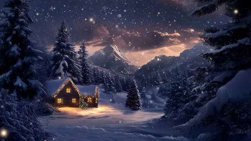 Snowy mountain cabin glows under starry winter night sky
