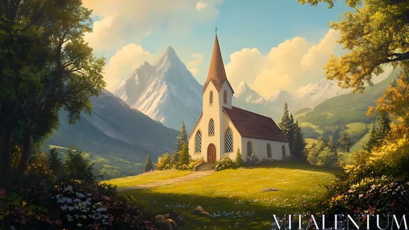 Sunlit alpine chapel amid sweeping mountain valley.