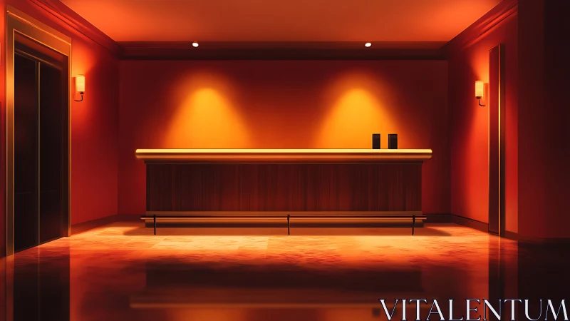 Hotel reception counter in warm red lobby lighting.