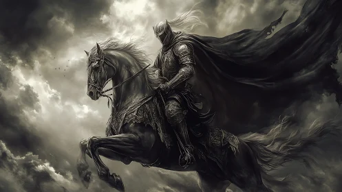 Dark armored knight rides through storm-torn skies in fury.