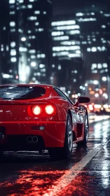 Red sports car on wet city street at night in rainfall.