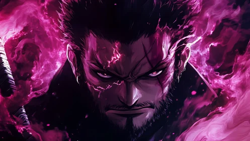 Intense anime warrior portrait with vivid purple energy.