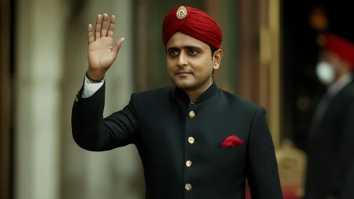 Indian man in bandhgala suit with red turban raising right hand