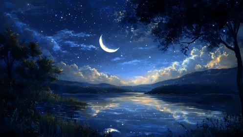 Crescent moon over calm lake with starlit night sky view.