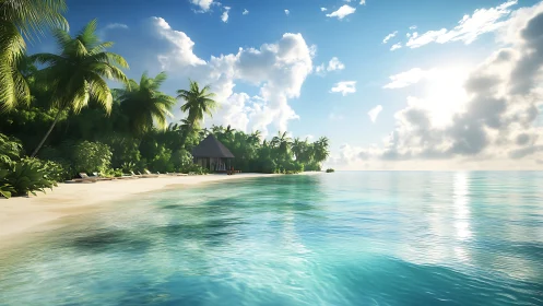 Tropical coastal landscape with palm vegetation and thatched structure near shoreline.