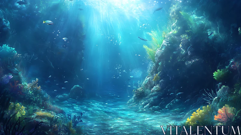 Sunlit coral canyon where quiet fish rehearse their shimmer.