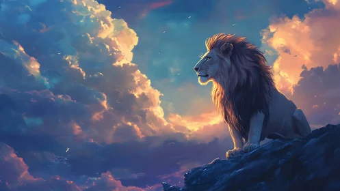 Lion on elevated rock against vivid sunset cloudscape.