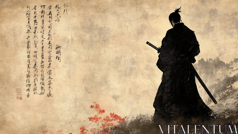 Samurai silhouette rendered in textured ink wash with calligraphy