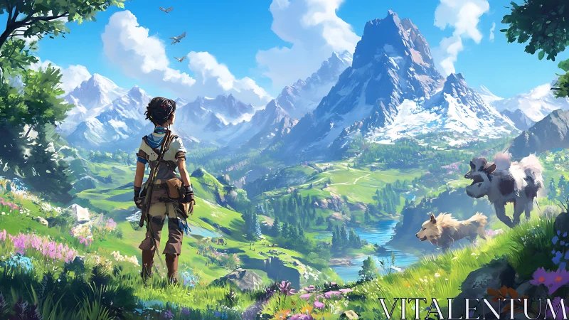 Explorer surveys vast alpine valley under towering peaks.