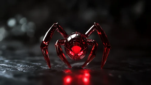 Red crystal cyber spider crouches on reflective dark surface