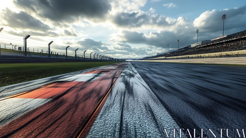 Rain-washed racetrack stretches toward a bright, expectant horizon