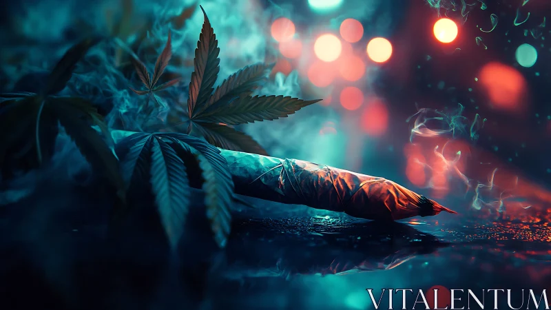 Neon bokeh cannabis joint with leaves in cinematic night haze