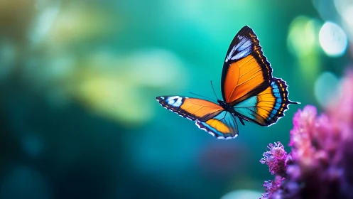 Butterfly hovers above pink flowers against blurred teal background