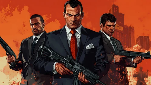 Stylish suited trio stand united in a bold urban showdown.