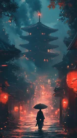 Digital painting of rainy lantern street and pagoda at night.