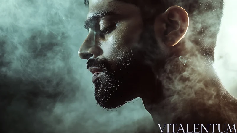 Side-lit male profile dissolves into atmospheric cinematic smoke