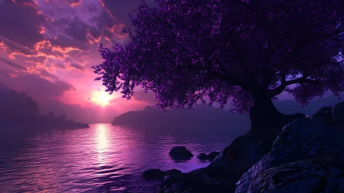 Purple blossom tree on lakeshore under vivid sunset sky.