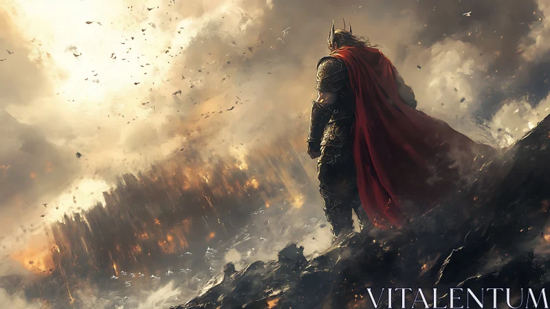 Armored figure surveys burning city beneath turbulent sky