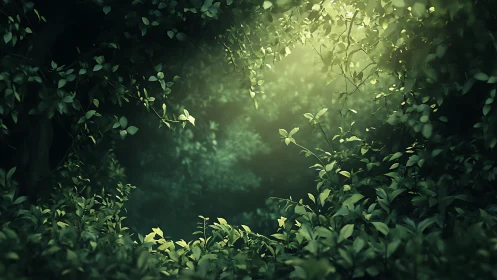 Forest Canopy Light. Sunlight Through Dense Green Leaves.