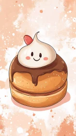 Smiling cream topped bun with chocolate glaze illustration.