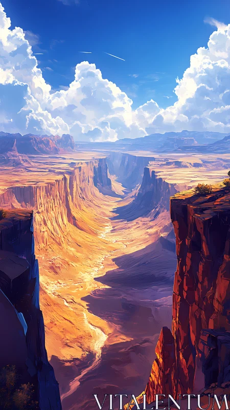 Sunlit canyon river carves molten paths beneath towering clouds