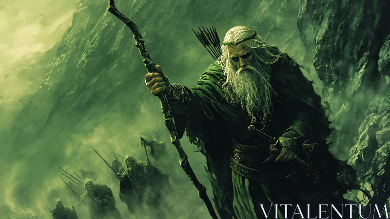 Old warrior ranger leads armed troop through green mist.