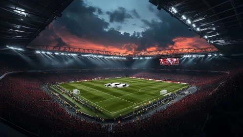 Large football stadium under floodlights at dusk event.