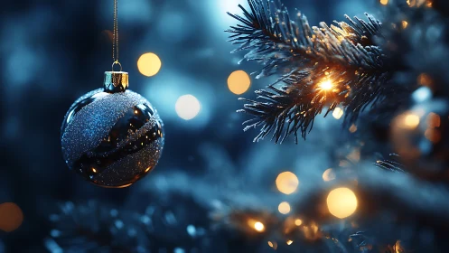 Silver Christmas bauble glows beside frosted fir lights.