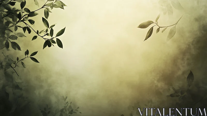 Soft foggy background with silhouetted leafy branches.