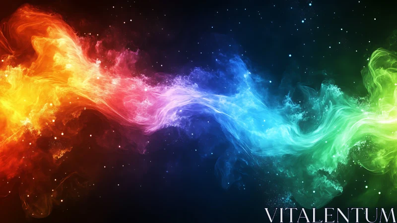 Flowing multicolor energy wave against dark space background.