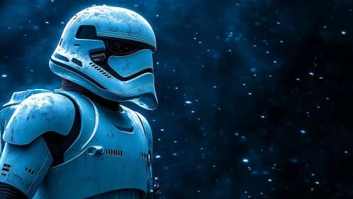 Armored space trooper in icy blue cosmic darkness.