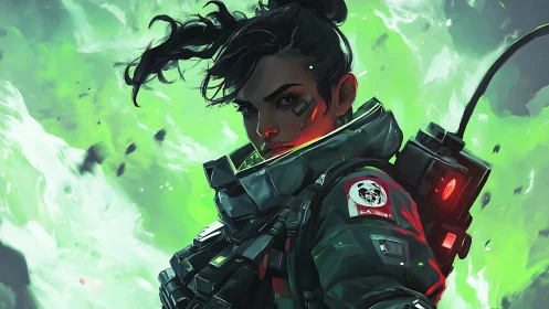 Combat pilot in neon toxic storm, intense sci‑fi portrait.