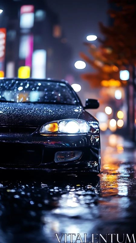 Neon-lit sports car headlight cuts through wet nocturnal streets