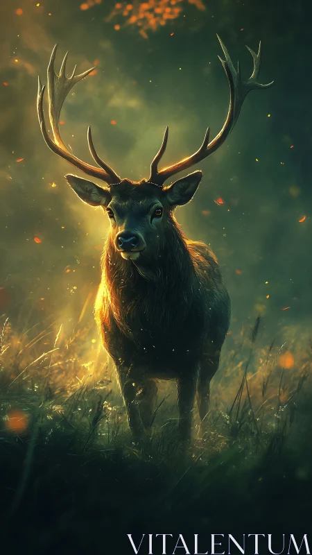 Backlit stag rendered with volumetric forest lighting and bokeh haze