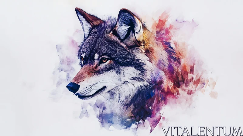 Watercolor digital wolf portrait with abstract chromatic wash.