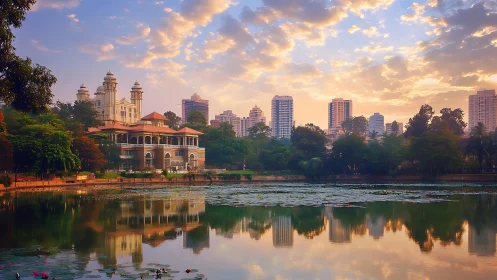 Sunrise reflections over a quiet city lakeside retreat.