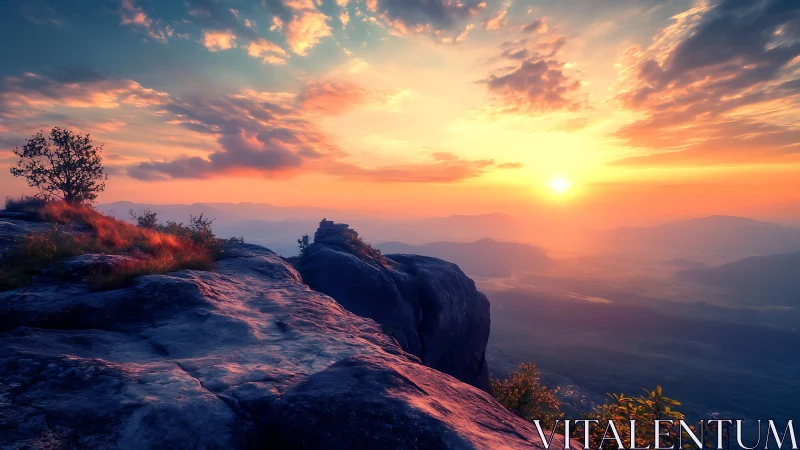 Sunset over rocky cliff with distant hazy mountain range.