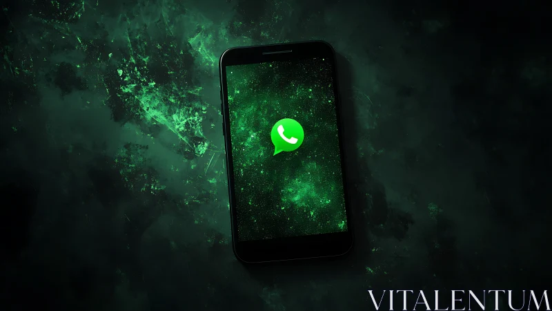 WhatsApp logo glowing on dark cosmic smartphone screen.