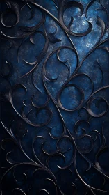 Dark metallic floral scrollwork overlays textured blue background